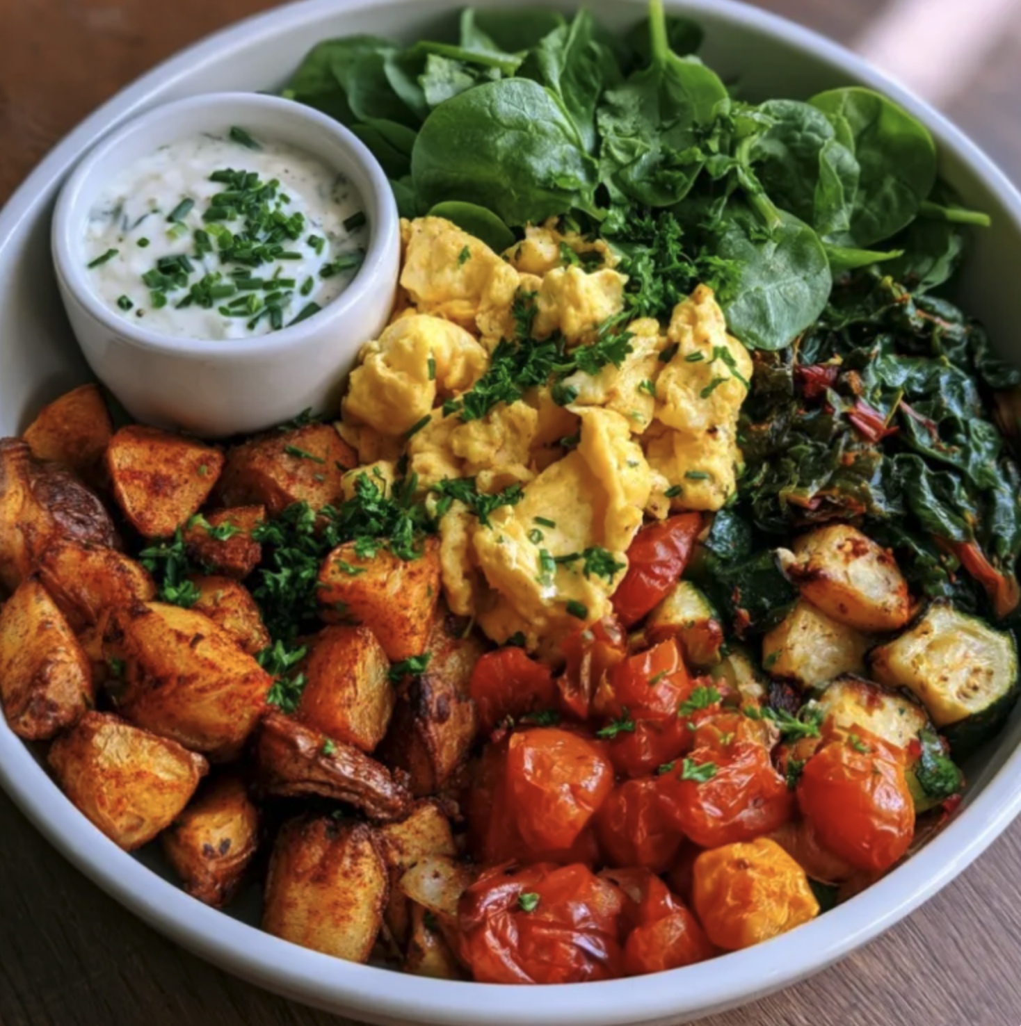 Autumn Breakfast Bowl with Herby Scrambled Eggs, Paprika Spiced Roasted Potatoes, Tomatoes, Zucchini, Swiss Chard, Baby Spinach, Chives, Parsley, Dijon Chive Yogurt Sauce