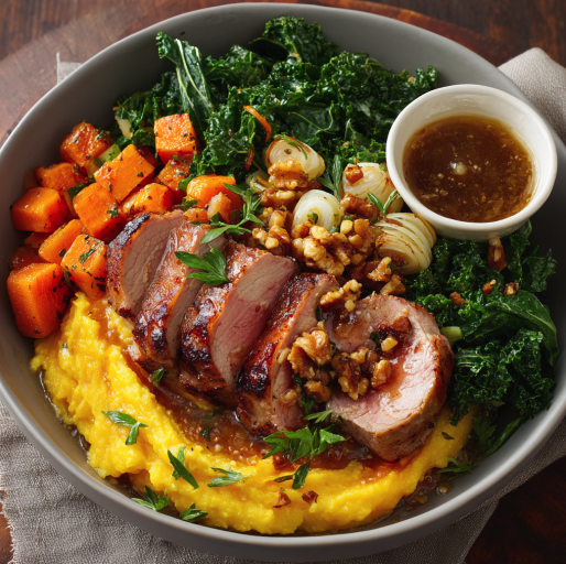 Hormonal Harmony Bowl with Apple-Glazed Pork Tenderloin, Butternut Squash Puree, Fennel, Carrots, Kale, Leeks, Walnuts, Parsley, Orange Zest, and an Apple–Cider Glaze