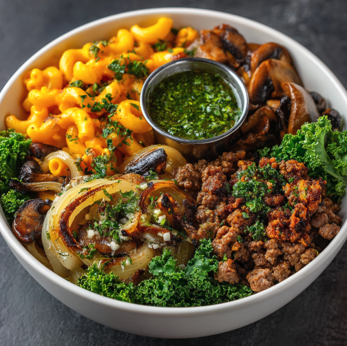 For Pros: Strength & Recovery Bowl with Smoky Sage Ground Beef, Butternut Squash Mac & Cheese, Onion, Broccoli, Mushrooms, Kale, Crispy Garlic, Parsley, Garlic-Infused Chimichurri