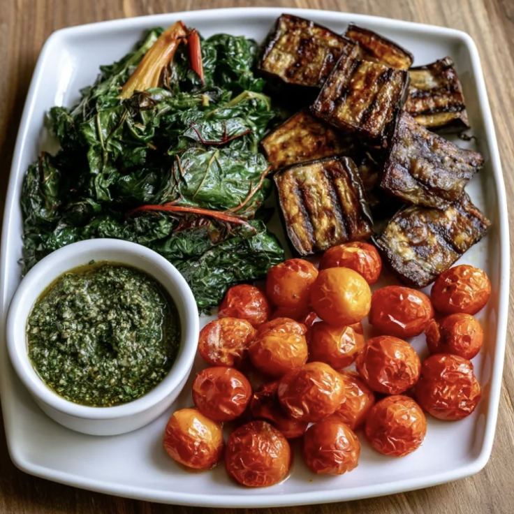 For Pros: Square Fare Plate of Garlic Herb Braised Swiss Chard, Roasted Eggplant, Roasted Cherry Tomatoes, Basil Dijon Vinaigrette