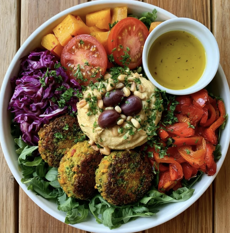 Mediterranean Power Bowl with Broccoli Lentil Patty, Butternut Squash, Tomato, Cabbage, Peppers, Arugula, Hummus, Olives, Pine Nuts, Parsley, Lemon Oregano Vinaigrette