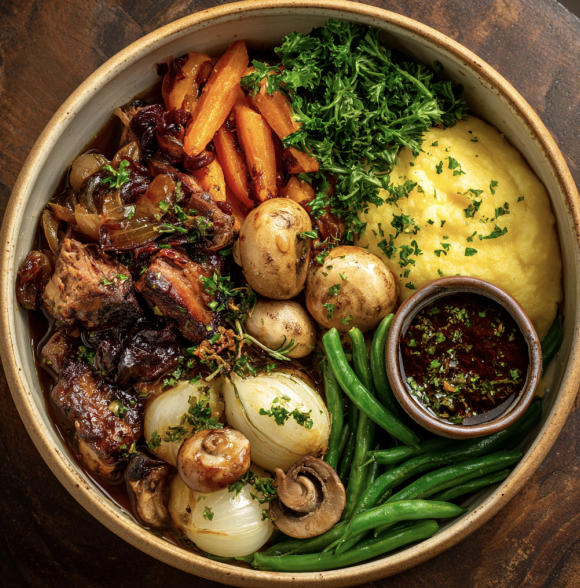 For Pros: Rustic Strength Bowl with Braised Pork Bourguignon, Polenta, Carrots, Mushrooms, Green Beans, Roasted Onion, Parsley, Whole Grain Mustard Herb Sauce