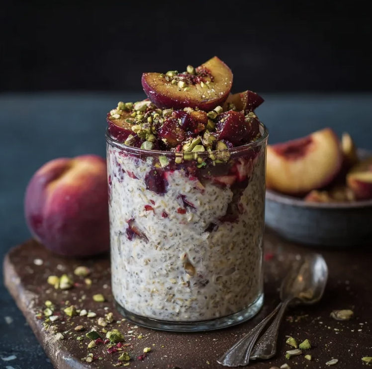 Overnight Oats with Fresh Plums, Cardamom and Pistachio