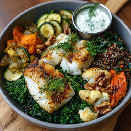 Turkish Bowl with Sumac Citrus Cod, Amaranth, Roasted Cauliflower, Steamed Kale, Zucchini, Dill Carrots, Dill, Walnuts, Sarımsaklı Yoğurt Sauce