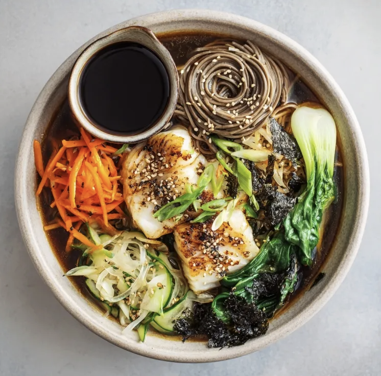 Antioxidant Ramen Bowl with Ginger Soy Cod, Soba Noodles, Bok Choy, Carrots, Daikon, Cucumber, Cabbage, Scallions, Nori, Sesame Seeds, Soy Sesame Broth