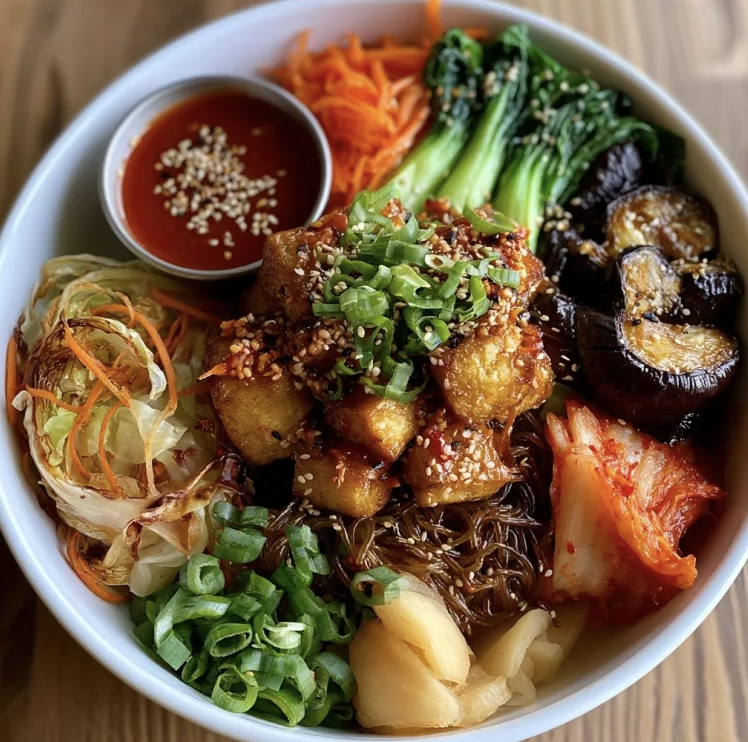 Antioxidant Japchae Bowl with Korean Sesame Tofu, Japchae Noodles, Cabbage, Bok Choy, Carrots, Shiitake Mushrooms, Eggplant, Scallion, Sesame, Kimchi, Pickled Ginger, Korean Sesame Gochujang Sauce