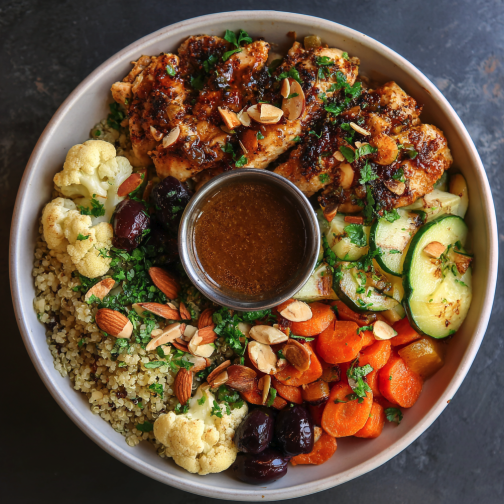 Tajine Bowl with Moroccan Chicken, Quinoa, Steamed Zucchini, Cauliflower, Carrot, Caramelized Onion, Almonds, Parsley, Prunes, Tajine Sauce