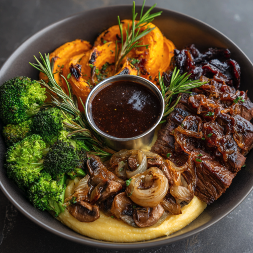 For Pros: Iron Boost Bowl with Bistro Braised Beef, Roasted Butternut Squash, Celeriac Puree, Steamed Mushrooms, Roasted Fennel, Steamed Broccoli, Sauteed Shallot, Rosemary, Red Wine Dijon Glaze