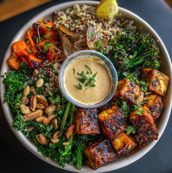 Antioxidant Harvest Bowl with Red Pepper Tofu, Quinoa, Roasted Broccolini, Caramelized Onion, Steamed Kale, Cumin Roasted Carrot, Pine Nuts, Microgreens, Lemon Za’atar Tahini