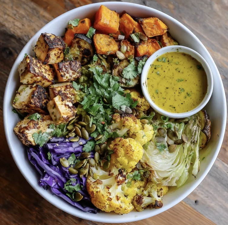 Golden Antioxidant Bowl with Cilantro Lime Tofu, Roasted Sweet Potato, Corn, Zucchini, Turmeric Cauliflower, Cabbage, Cilantro, Pumpkin Seed, Fennel Seed, Cumin Lime Vinaigrette