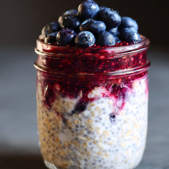 Overnight Oats with Berry Chia Jam, Fresh Blueberries