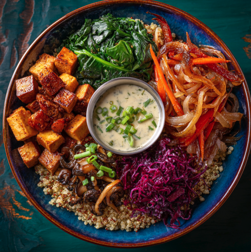 For Orca: Garden Gut Bowl with Tofu, Quinoa, Steamed Spinach, Roasted Carrots, Red Cabbage, Ginger–Scallion Sauce, Crispy Shallots, Sliced Scallions, Pickled Shiitake