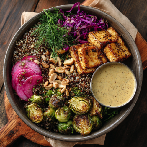 Strength & Satiety Bowl with Seared Tofu, Buckwheat, Roasted Broccoli, Brussels Sprouts, Spinach, Red Cabbage, Almonds, Dill, Pickled Radish, and a Creamy Miso–Hemp Sauce