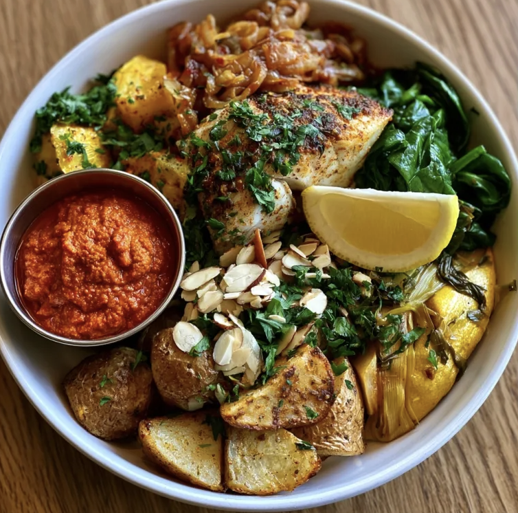 For Pros: Catalan Coast Bowl with Catalonian Barramundi, Roasted Potatoes, Caramelized Onions, Summer Squash, Spinach, Braised Leeks, Almonds, Parsley, Lemon, Romesco Sauce