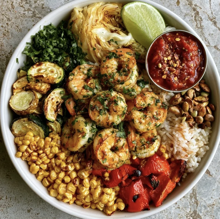 Zesty Vitality Bowl with Cilantro Lime Shrimp, Tomato Garlic White Rice, Cabbage, Zucchini, Roasted Corn, Roasted Bell Peppers, Roasted Pepitas, Lime Wedge, Salsa Rojo
