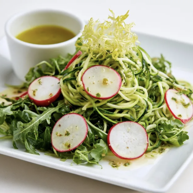 For Pros: Square Fare Plate of Zucchini Noodles, Sliced Radishes, Frisée, Arugula, Olive Lemon Vinaigrette