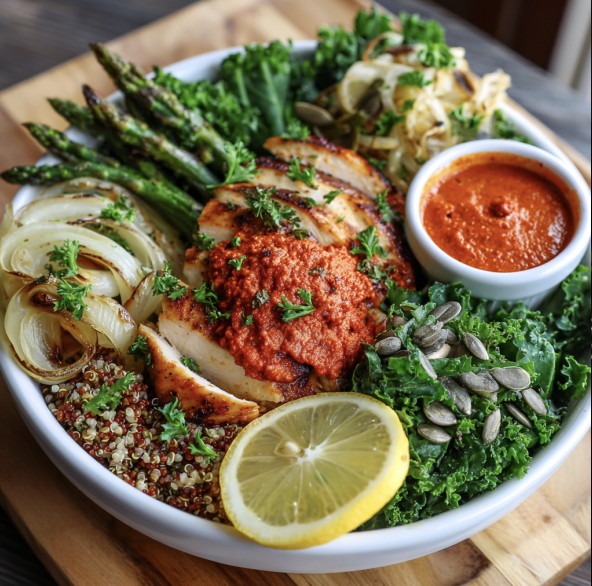 For Pros: Provençale Plate with Herby Pesto Chicken, Amaranth, Roasted Asparagus, Onions, Tomatoes, Kale, Shaved Fennel, Olives, Sunflower Seeds, Fresh Parsley, Lemon Zest, Red Pepper Pesto