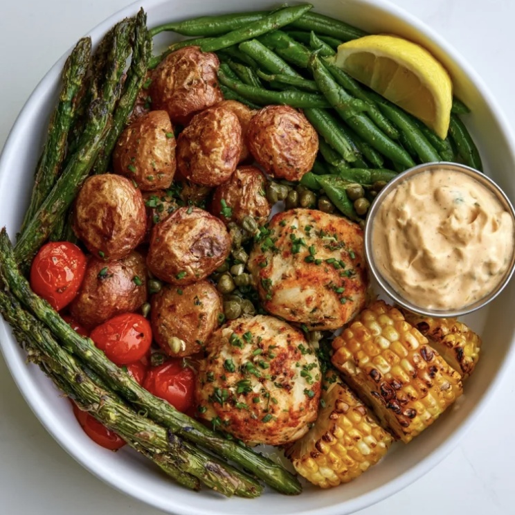 For Pros: Harbor Nourish Bowl with Chesapeake Crab Cakes, Roasted Red Potatoes, Green Beans, Tomatoes, Asparagus, Grilled Corn, Chives, Capers, Lemon, Remoulade