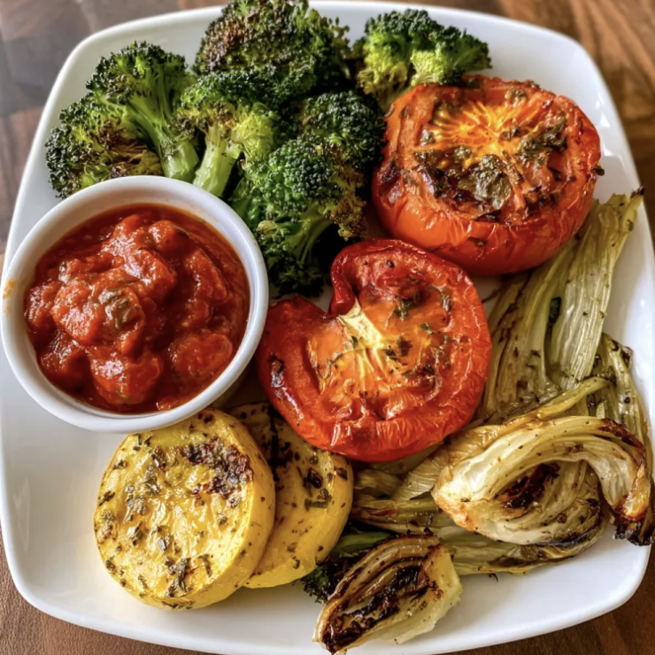 For Pros: Square Fare Plate of Roasted Broccoli, Roasted Tomatoes, Roasted Yellow Squash, Roasted Fennel, Roasted Tomato Basil Sauce