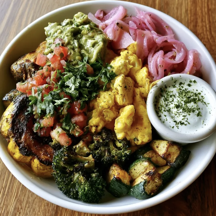 For Pros: Tulum Detox Bowl with Scrambled Eggs, Roasted Acorn Squash, Roasted Broccoli, Roasted Zucchini, Roasted Tomatillo, Pico de Gallo, Cilantro, Pickled Onions, Cilantro Lime Crema