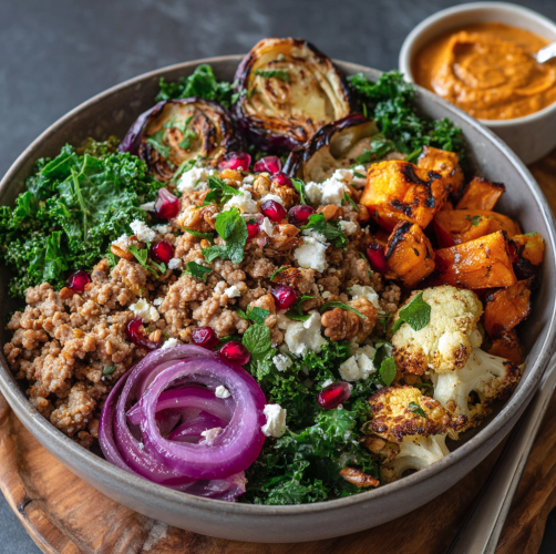 Mediterranean Strength Bowl with Herby Ground Turkey, Sweet Potato, Red Onion, Kale, Cauliflower, Eggplant, Parsley, Mint, Pomegranate, Feta and a Walnut Muhammara Sauce