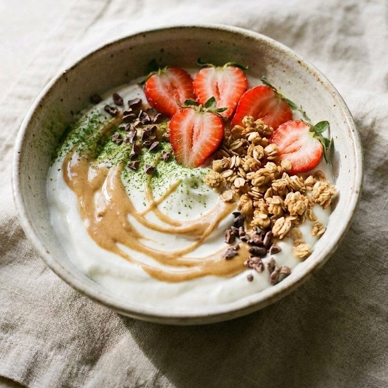Matcha Yogurt Bowl with Strawberries, Cocoa Nibs, Peanut Butter, Matcha, Homemade Granola