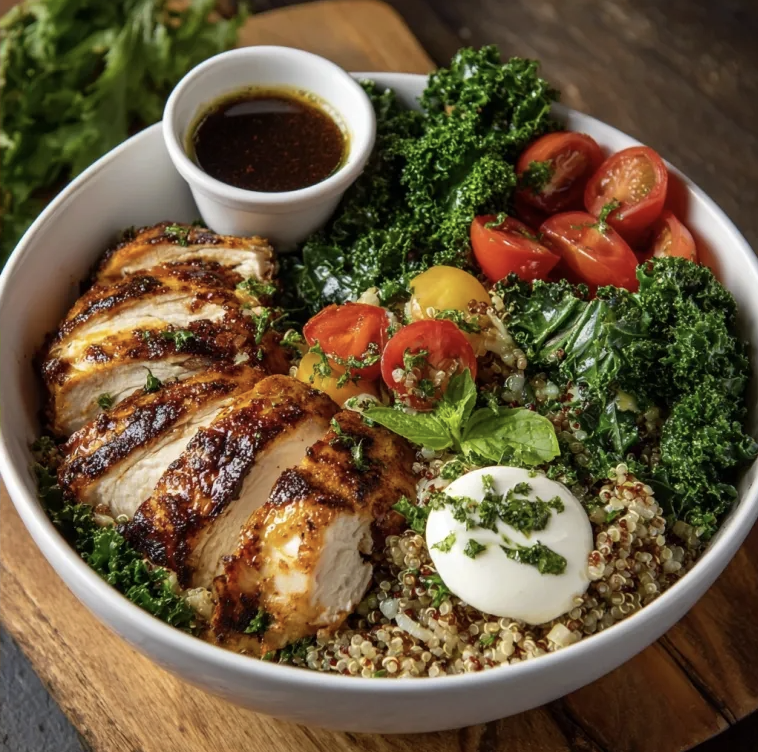 Harissa Garden Bowl with Harissa Citrus Chicken, Herbed Quinoa, Broccoli, Kale, Tomato, Mint, Mozzarella, Basil Citrus Vinaigrette