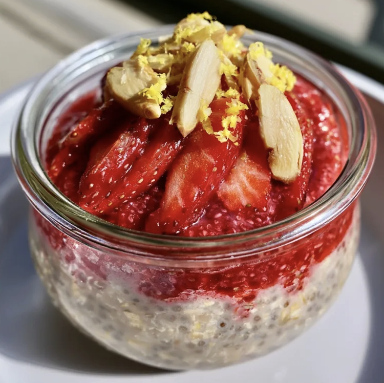 For Pros: Strawberry Summer Overnight Oats with Fresh Strawberries, Strawberry Chia Compote, Greek Yogurt, Toasted Almonds, Lemon Zest