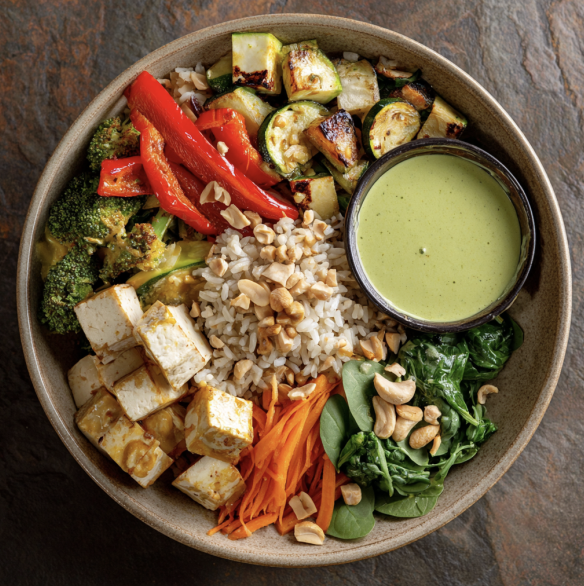 Thai Green Curry with Tofu, Brown Rice, Peppers, Broccoli, Bamboo Shoots, Zucchini, Spinach, Carrots, Peanuts, Bean Sprouts, Green Curry Sauce