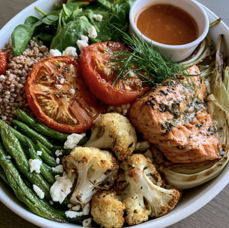 Berry Omega Bowl with Mediterranean Olive Herb Salmon, Buckwheat, Tomatoes, Lemon Herb Green Beans, Cauliflower, Fennel, Spinach, Dill, Feta, Strawberry Fennel Vinaigrette