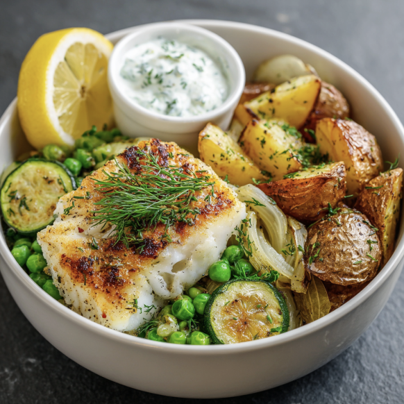 Fish & Chips Bowl with Baked Cod with Roasted Potato Wedges, Green Peas, Zucchini, Shallots, Leeks, Chives, Dill, Lemon Wedge, Greek Yogurt Tartar Sauce
