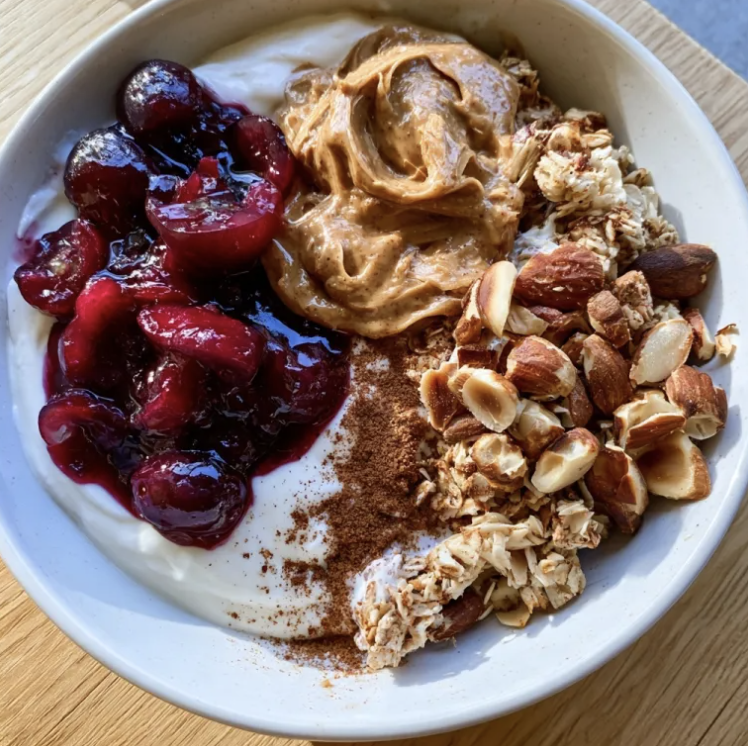 Grape & Almond Parfait with Greek Yogurt, Grape Compote, Almond Butter, Homemade Muesli, Cinnamon, Toasted Almonds