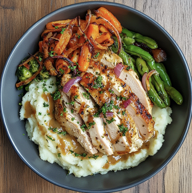 Comfort Bowl with Roasted Turkey Breast, Mashed Potatoes, Carrots, Green Beans, Brussels Sprouts, Roasted Red Onions, a Rosemary Gravy Sauce, Crispy Shallots, Parsley, Lemon Zest