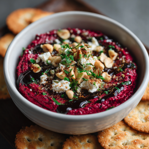For Pros: Beetroot Dip Topped with Feta, Hazelnuts, Balsamic Drizzle, Almond Crackers