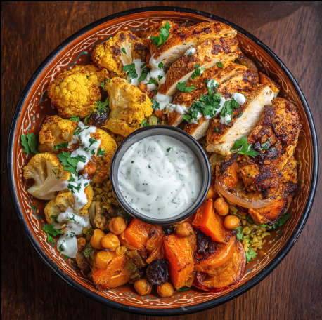 For Pros: Golden Moroccan Bowl with Ras El Hanout Chicken, Butternut Squash, Spiced Carrots, Tumeric Cauliflower, Caramelized Onion, Raisins, Chickpeas, Parsley, Herb Yogurt Sauce