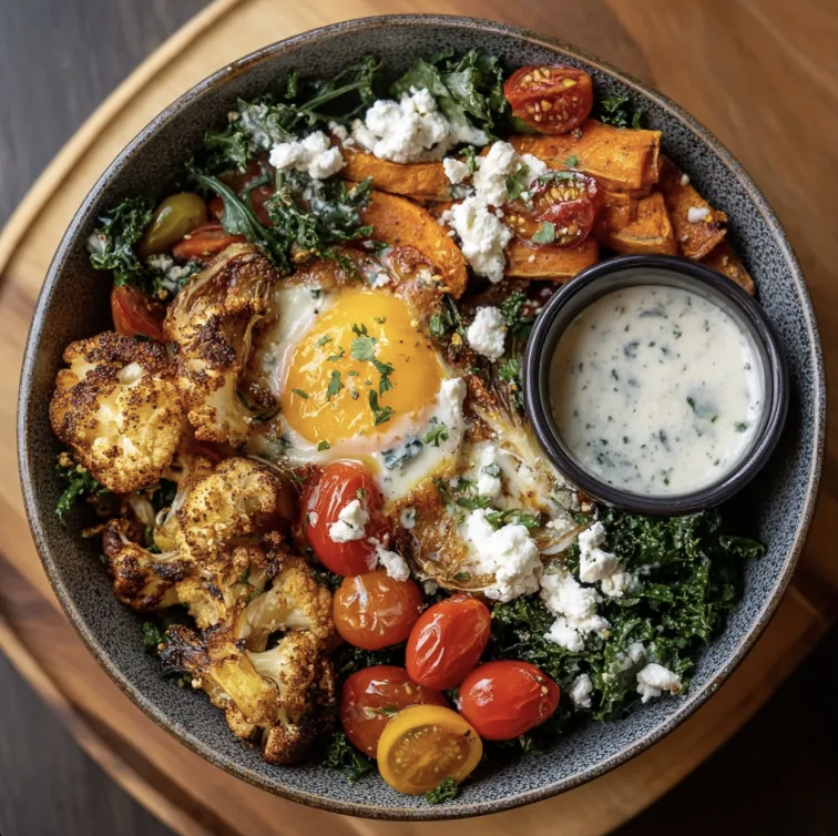For Pros: Sumac Garden Bowl with Herby Egg Bake, Roasted Sweet Potato, Kale, Roasted Cauliflower, Cherry Tomatoes, Microgreens, Feta, Sumac Herb Yogurt Sauce