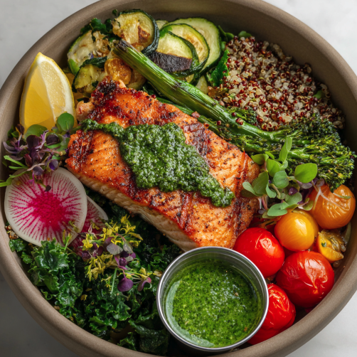 For Pros: Omega Glow Bowl with Sunflower Pesto Salmon, Quinoa, Broccolini, Cherry Tomatoes, Zucchini, Kale, Microgreens, Watermelon Radish, Sunflower Basil Pesto
