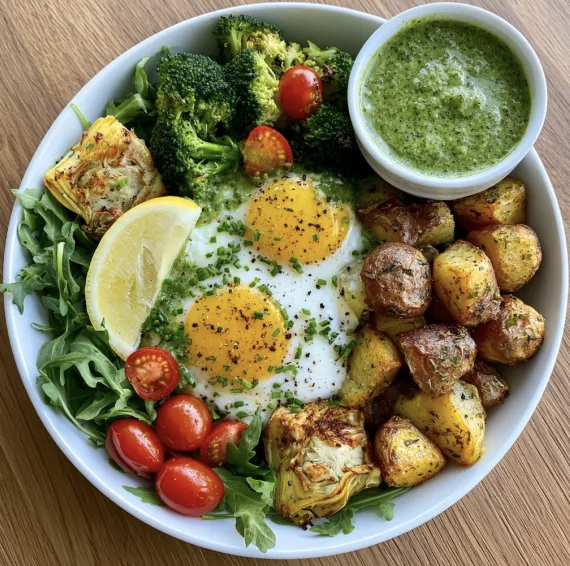 For Pros: Green Shakshuka Bowl with Shakshuka Eggs, Herbed Roasted Potatoes, Broccoli, Artichokes, Cherry Tomatoes, Arugula, Lemon Wedge, Chives, Green Shakshuka Sauce
