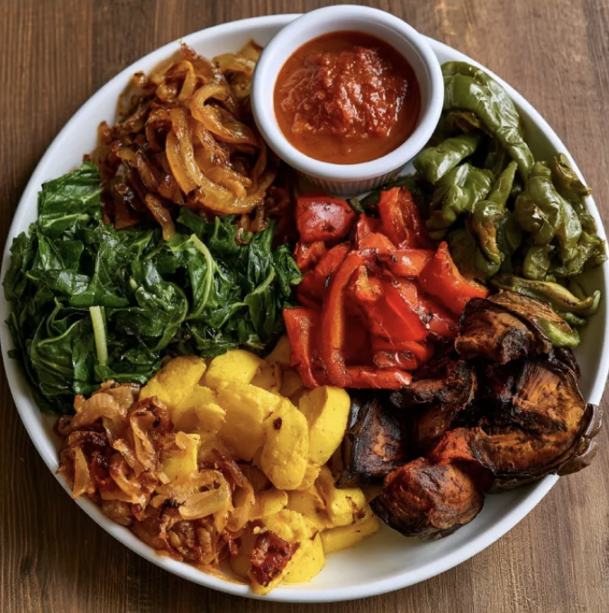 Square Fare Plate of Caramelized Onions, Braised Collard Greens, Yellow Squash, Roasted Red Peppers, Roasted Green Peppers, Roasted Paprika Eggplant, Smoky Sherry Pepper Sauce