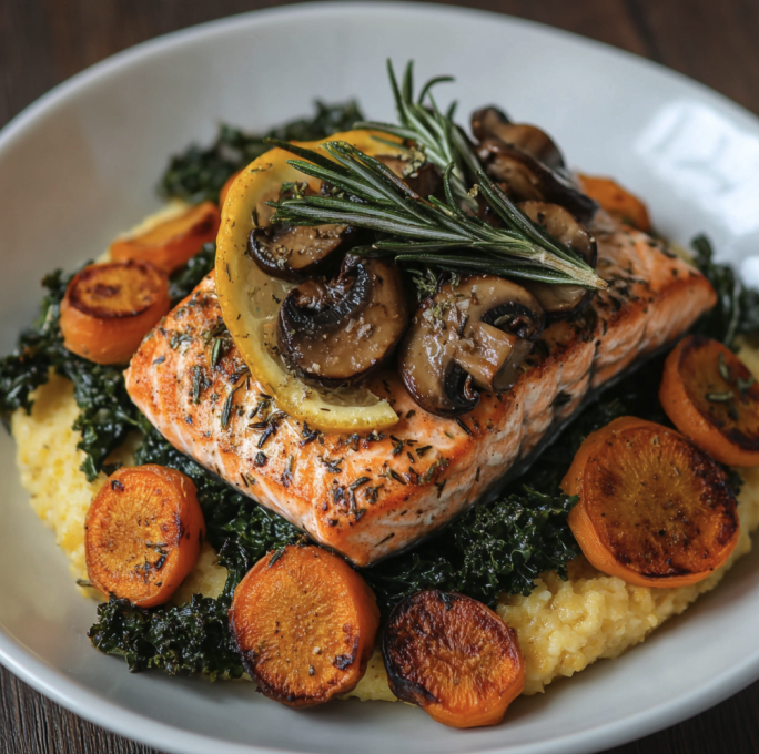 Rosemary Lemon Salmon with Polenta, Mushrooms, Roasted Carrots, Onions and Kale