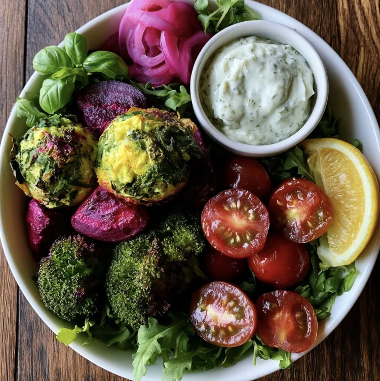 For Pros: Summer Garden Bowl with Kale Egg Bites, Roasted Beets, Broccoli, Cherry Tomatoes, Raw Arugula, Pickled Red Onion, Micro Basil, Lemon Wedge, Lemon Herb Sauce