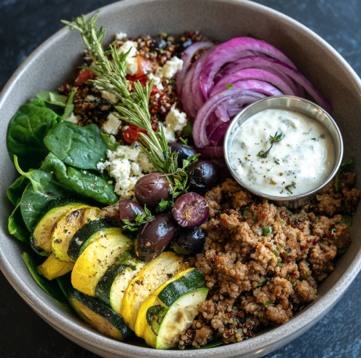 Herby Greek Bowl with Oregano Lemon Ground Turkey, Quinoa, Roasted Zucchini, Red Onion, Steamed Spinach, Olives, Oregano, Tzatziki Yogurt Sauce