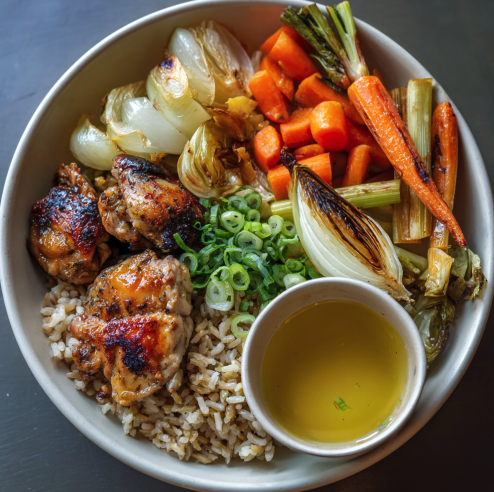 For Pros: Restorative Detox Bowl with Lemongrass–Ginger Chicken, Brown Rice, Carrots, Celery, Onion, Fennel, Scallions, Pickled Ginger, Lemongrass–Ginger Broth