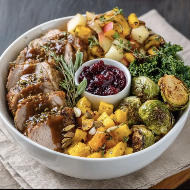 For Pros: Applewood Harvest Bowl with Maple Mustard Pork, Delicata Squash, Brussels Sprouts, Roasted Apples, Kale, Caramelized Onions, Pumpkin Seeds, Thyme, Cranberry Herb Dressing