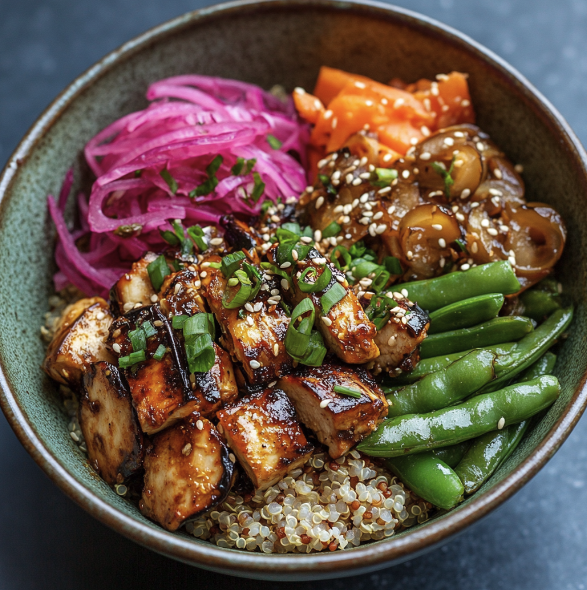 For Orca: Savory Adobo Bowl with Chicken, Roasted Eggplant, Green Beans, Napa Cabbage, Shredded Carrots, Quinoa, an Adobo Sauce, Scallions, Pickled Red Onions, and Sesame Seeds