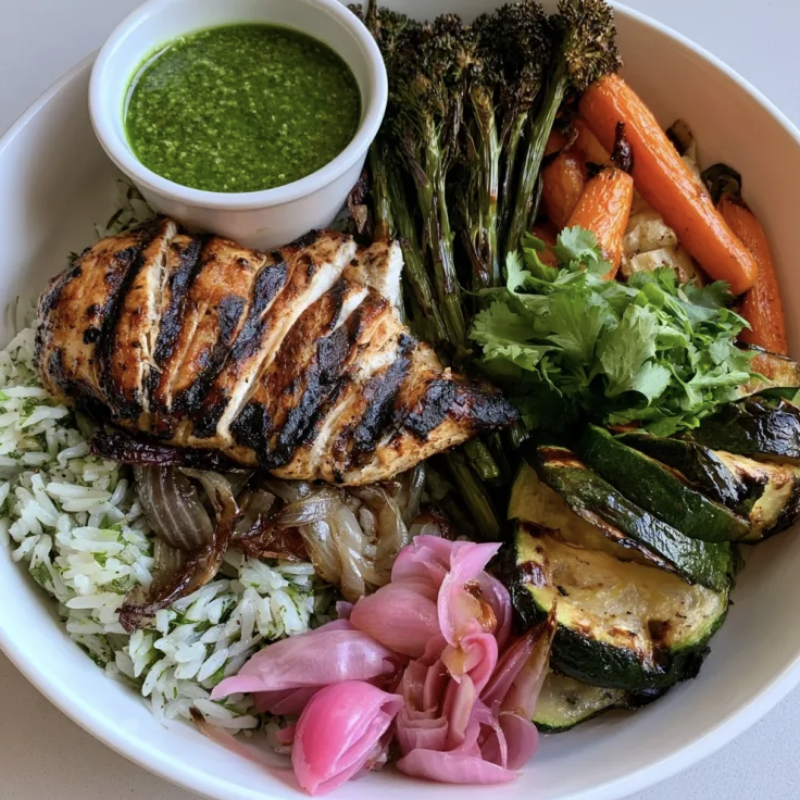 Andean Herb Bowl with Peruvian Garlic Chicken, Cilantro Garlic Basmati, Caramelized Onions, Broccolini, Zucchini, Carrots, Cilantro, Pickled Shallot, Bright Garlic Herb Sauce