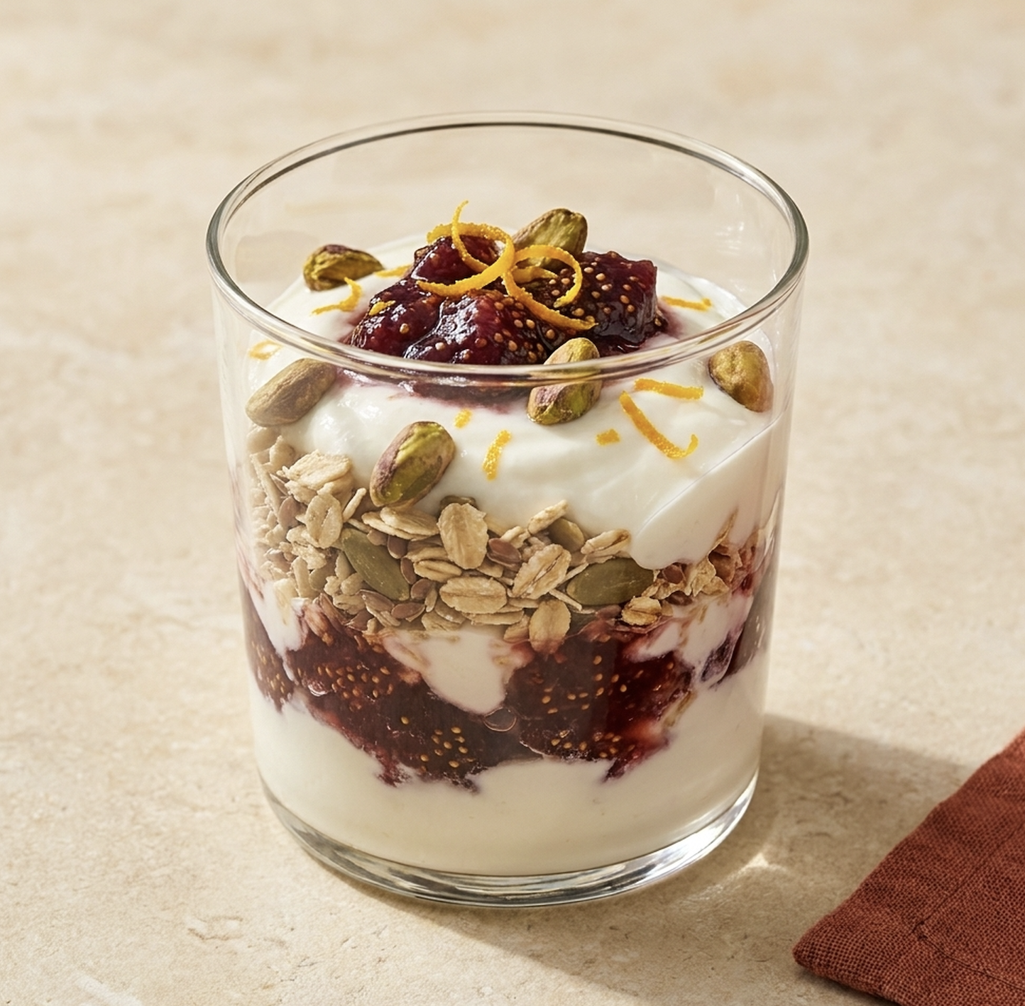 For Pros: Fig & Orange Blossom Parfait with Greek Yogurt, Homemade Muesli, Fig Compote, Orange Blossom, Toasted Pistachios, Orange Zest