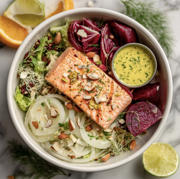 For Pros: Citrus Omega Bowl with Zesty Salmon, Amaranth, Shaved Fennel, Frisée, Cucumber, Radicchio, Snap Peas, Microgreens, Pickled Shallots, Crushed Almonds, Lime Fennel Vinaigrette