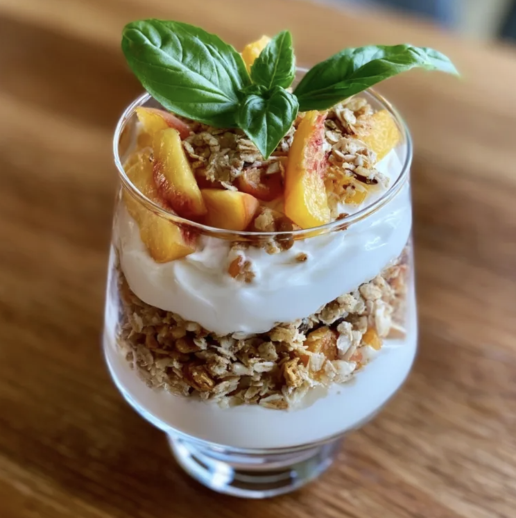 For Pros: Parfait with Greek Yogurt, Homemade Müesli with Peaches and Basil