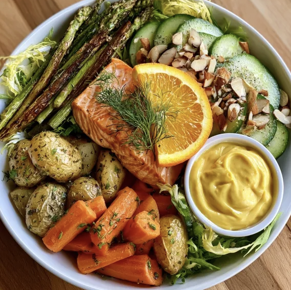 For Pros: Nordic Nourish Bowl with Orange Dijon Salmon, Herbed Fingerling Potatoes, Steamed Carrots, Sliced Cucumber, Roasted Asparagus, Frisée, Dill, Orange Slice, Chopped Almonds, Orange Dijon Sauce